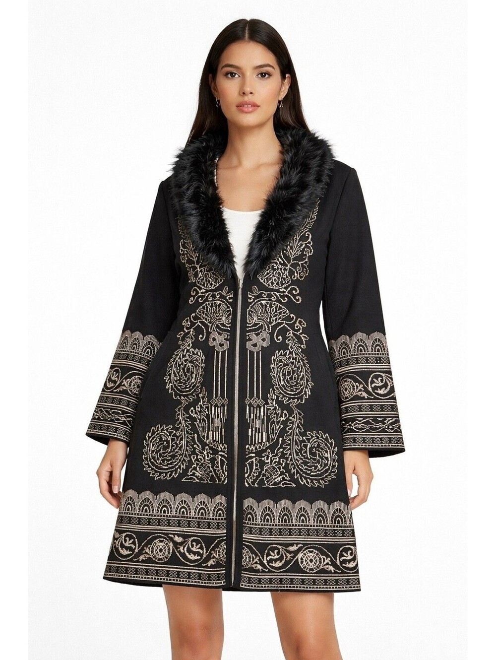 Chicos Faux Fur Collar Sweater Cardigan M/2 Duster‎ Grunge Fairy Whimsigoth
